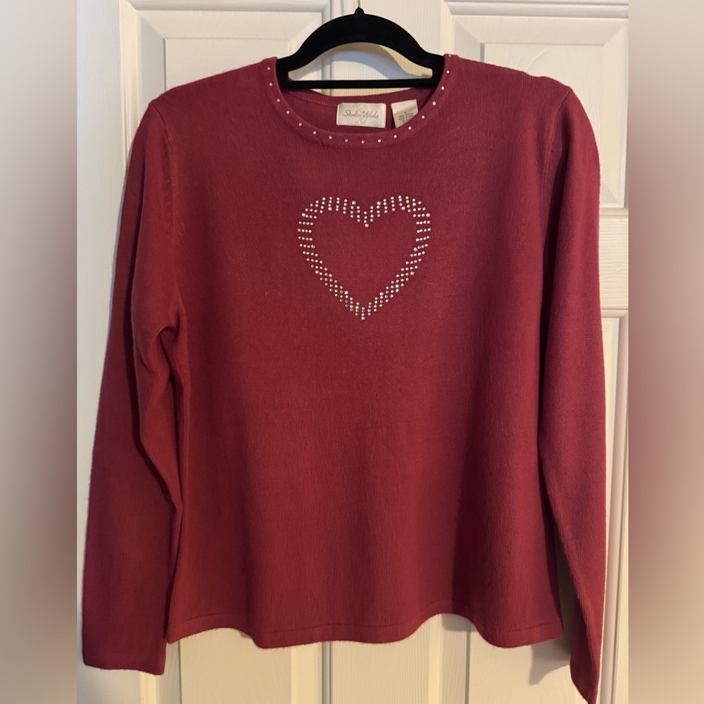 ❣️Studio Works❣️~ Red Long Sleeve Top with Rhinestone Heart Design - Size Medium